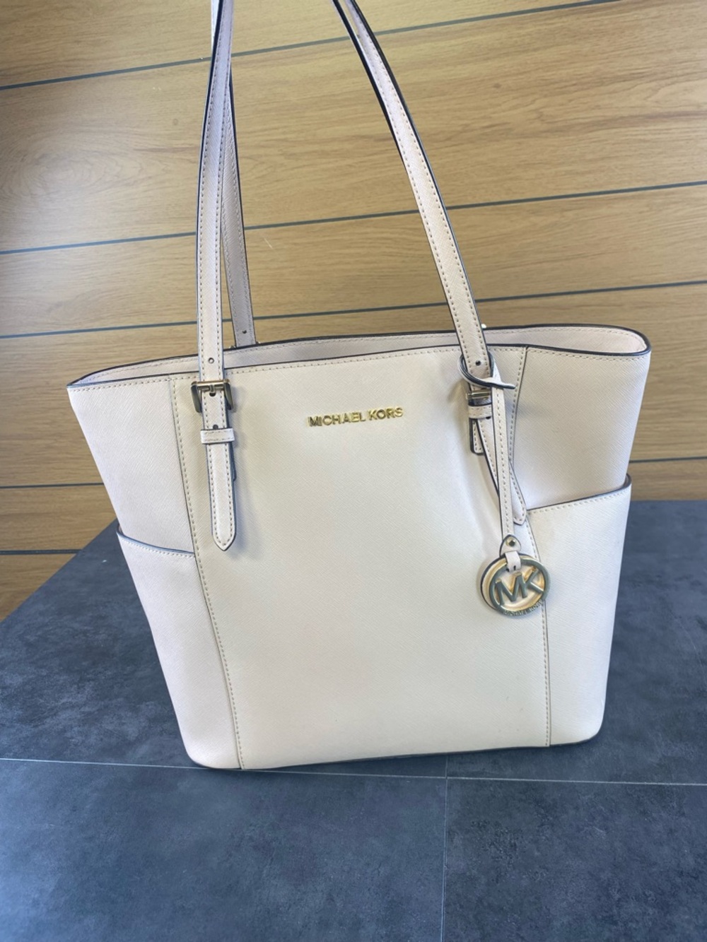 Michael Kors Jet Set Large Saffiano Alabaster Pink Leather Tote with Gold Accent